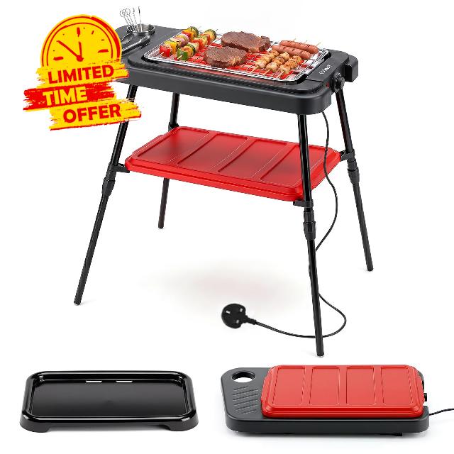 COSTWAY 2-in-1 Electric BBQ Grill 2000W with Dual Plates & Detachable Stand                                                          Adjustable Temperature