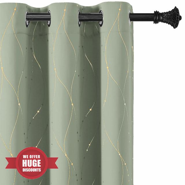 BUHUA Blackout Curtains Gold Foil Print Wave Line and Dots Grommet Drapes