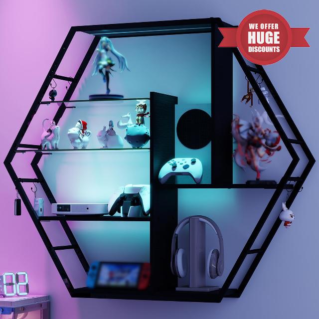 ARTETHYS 4 Tier Industrial Gaming Shelf with LED Lights | Wall Mounted Wooden Floating Shelves for Bedroom Gaming Room Bar