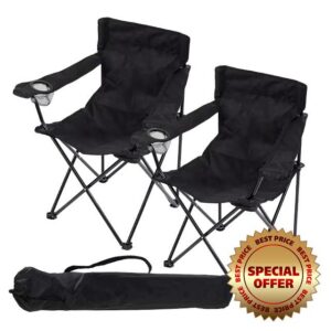 Topline Black Portable Folding Camping Chair - 2 x Lightweight with Carry Bag Folding Chair for Adults