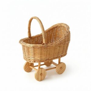 Colcolo Infant Basket Cart Wicker Cradle Wagon Pushcart With Wooden Frame Round Wheels And Curved Handle For Nursery Display Option Suitable for rustic homes