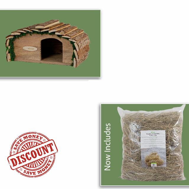Wooden Hedgehog House with Bark Roof + Natural Straw Nesting Material 400g | Wildlife Shelter & Hibernation Home for Garden Hedgehogs