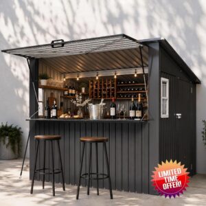 Aoxun 8x7FT Metal Outdoor Bar Shed with Canopy