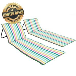 just be... Foldable Beach Mat with Adjustable Backrest (2-Pack) – Lightweight Portable Sun Lounger with Zipped Pocket & Shoulder Strap – Light Multicolour Stripes