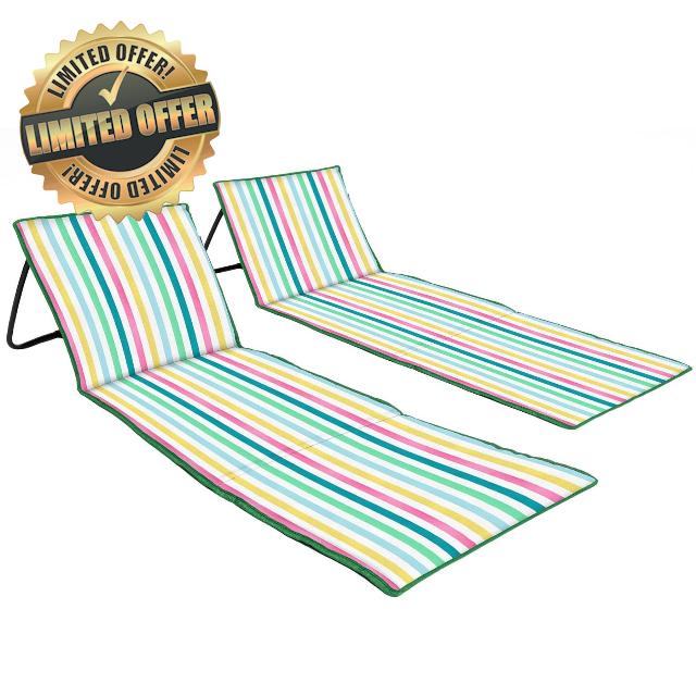 just be... Foldable Beach Mat with Adjustable Backrest (2-Pack) – Lightweight Portable Sun Lounger with Zipped Pocket & Shoulder Strap – Light Multicolour Stripes