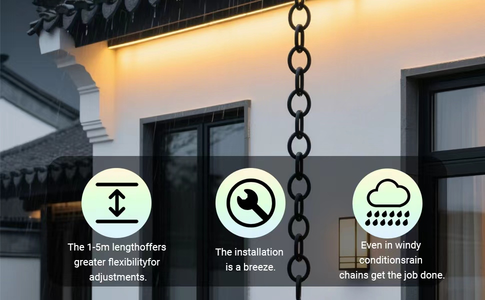 Outdoor lighting fixture with three circular icons below showing text: 'The 10 brightnesses greatly intensifies the brightness', 'The endurance is a hassle', 'Saves get the job done'. Chain suspension visible above.