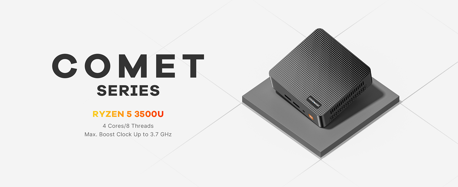 Text reads "COMET SERIES" and "RYZEN 5 3600N". Black pyramid-shaped computer component or cooler with crosshatch pattern surface and mounting base displayed on light background.