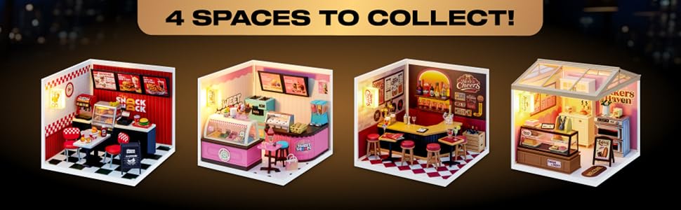 Text reads 'COLLECT ALL 4 MINI OFFICES' with 'MINI DISPLAY' visible. Interior retail display showing miniature office furniture and accessories arranged on shelves against yellow wall background.