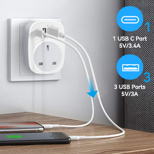 Text reads 'UK Plug Type G' and 'Italy Type L' with two white multi-outlet adapters showing socket configurations. Travel power adapters with multiple USB ports for different international outlet standards.