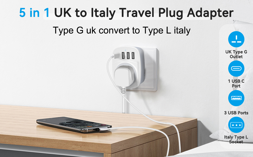 Text reads '5 in 1 UK to Italy Travel Plug Adapter Type G ix convert to Type L plug'. White multi-outlet travel adapter with UK prongs displayed with smartphone and brown bag on wooden surface.