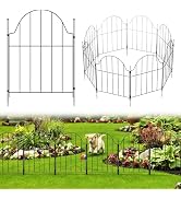 Metal garden fence panels in arched gate designs. Left shows flat vertical picket panel; right displays assembled heart-shaped arbor structure. Bottom shows installed black metal fencing along garden border.