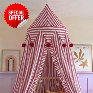 SmoothNovelty Red Striped Bed Canopy with Ruffles Pom Pom - 2 Panel Bed Decorative Canopy Hanging Tent for Reading Nook Bedroom Dorm Travel Trailer Summer Party