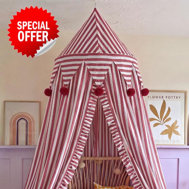 SmoothNovelty Red Striped Bed Canopy with Ruffles Pom Pom - 2 Panel Bed Decorative Canopy Hanging Tent for Reading Nook Bedroom Dorm Travel Trailer Summer Party