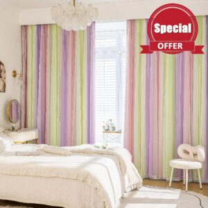 XiDi Pink Yellow Purple Blackout Curtains for Girls Bedroom 2 Panels Blackout Rainbow Curtain with Sheer Overlay Unicorn Wall Decals Drapes for Kids Nursery Room Grommet 52 Inches Wide 96 Inches Long