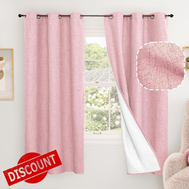 Baby Pink Linen Blackout Curtains for Nursery 63 Inch Length 2 Panels Set