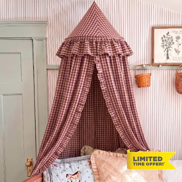 SmoothNovelty Gingham Plaid Bed Canopy with Ruffles Soft Vintage Style Decorative Tent for Reading Nook Play Area or Adult Bedroom Circus Tent Canopy(Red Yellow