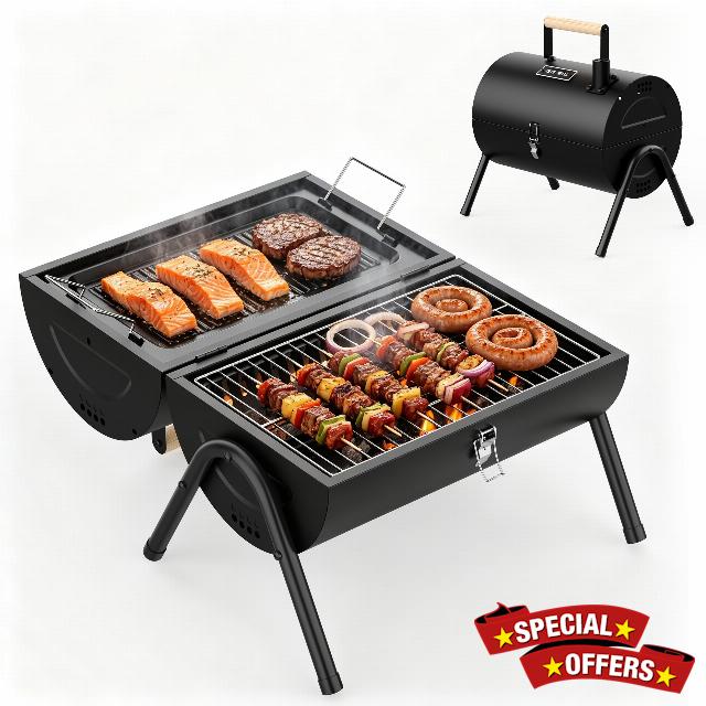 KEYO Portable Charcoal BBQ Smoker Grill with Double - Sided Cooking Zone | 236 Sq In