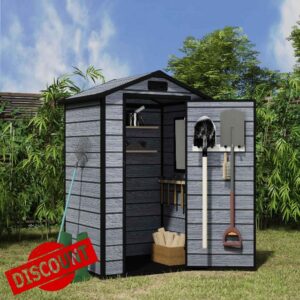 BIRCHTREE 4X3FT Plastic Garden Shed with Floor Apex Roof Wood Grain Effect Fade Free All Weather Resistant Lockable Door Outdoor Storage Box Air Vent&Window Garden Tool Shed Low Maintenance Grey