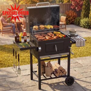 Aoxun XL Charcoal BBQ Smoker Grill with Dual Side Work Tables – Adjustable Charcoal Tray for Fast Grilling & Low‑Slow Smoking – Chimney Vent