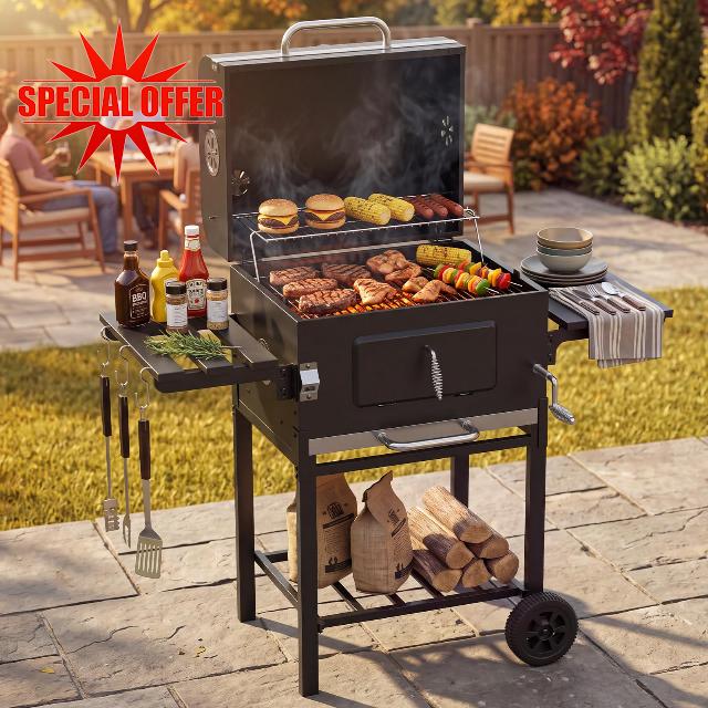 Aoxun XL Charcoal BBQ Smoker Grill with Dual Side Work Tables – Adjustable Charcoal Tray for Fast Grilling & Low‑Slow Smoking – Chimney Vent