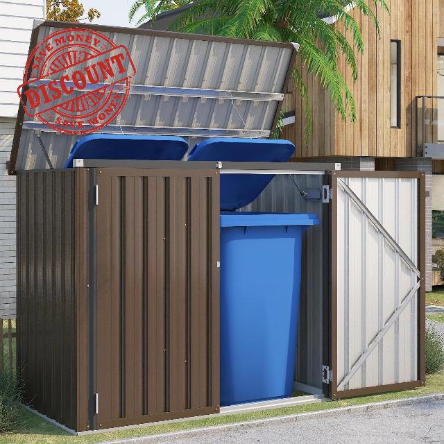 YODOLLA Outdoor Wheelie Bin Box with Gas Lift 150.6 x 80 x 117.6cm Brown | Lockable 1300l Outdoor Storage Shed