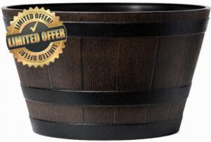 Muddy Hands 50 Litre Wooden Barrel Effect Water Feature Container – Large Outdoor Plastic Garden Pond Reservoir Bowl for DIY Fountains