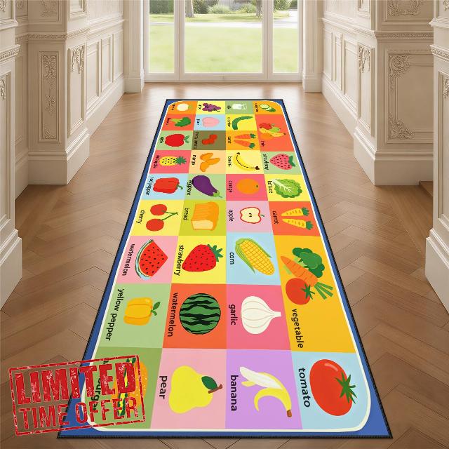 Kids Fruit Vegetable Runner Rug for Entryway | Alphabet Word Carpet Runner 60x150cm