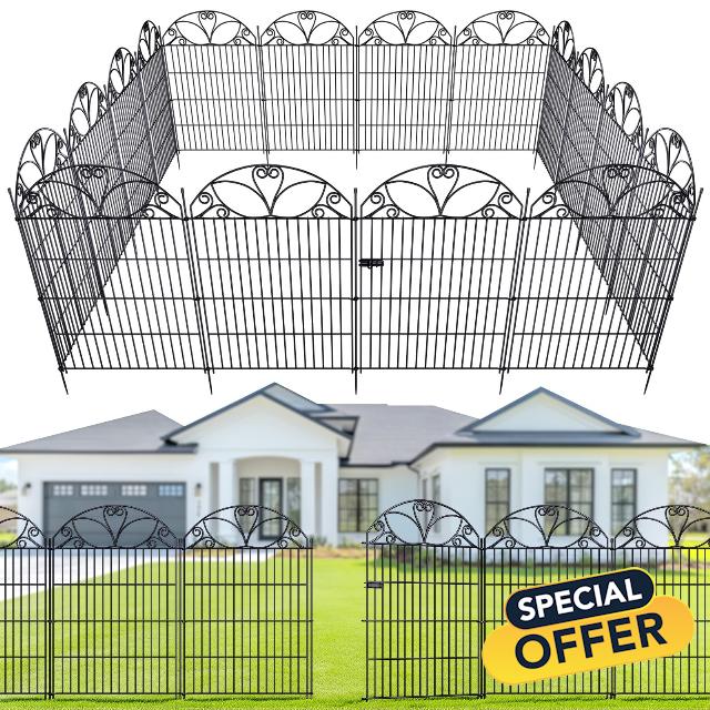 The Fellie 10 Pack Metal Garden Fence Panels with Gate 101 cm High
