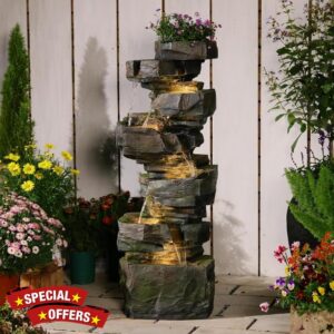 Sunlinua Large Resin Outdoor Water Feature with Rock Look and 7-Tier Waterfall Design with LED Lights for Patio