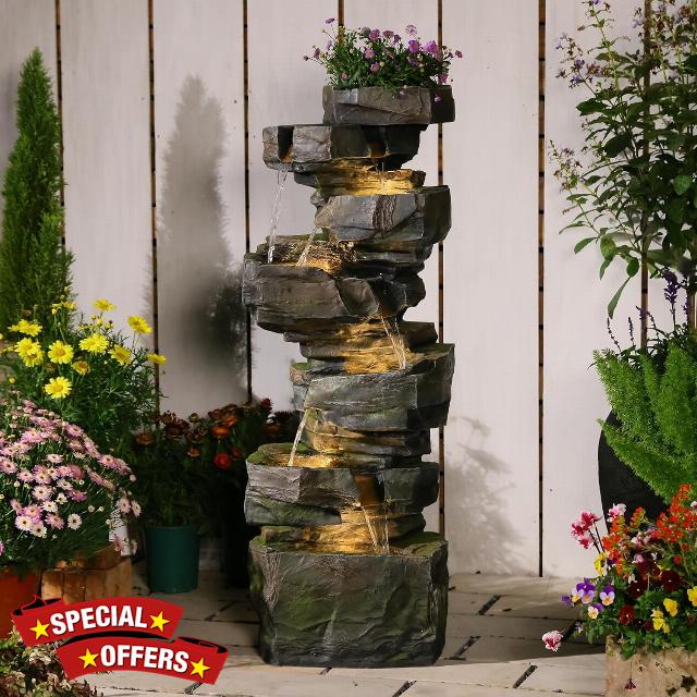 Sunlinua Large Resin Outdoor Water Feature with Rock Look and 7-Tier Waterfall Design with LED Lights for Patio