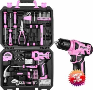 DEKO Pink Tool Kit: 126-Piece DIY Set with 8V Cordless Drill