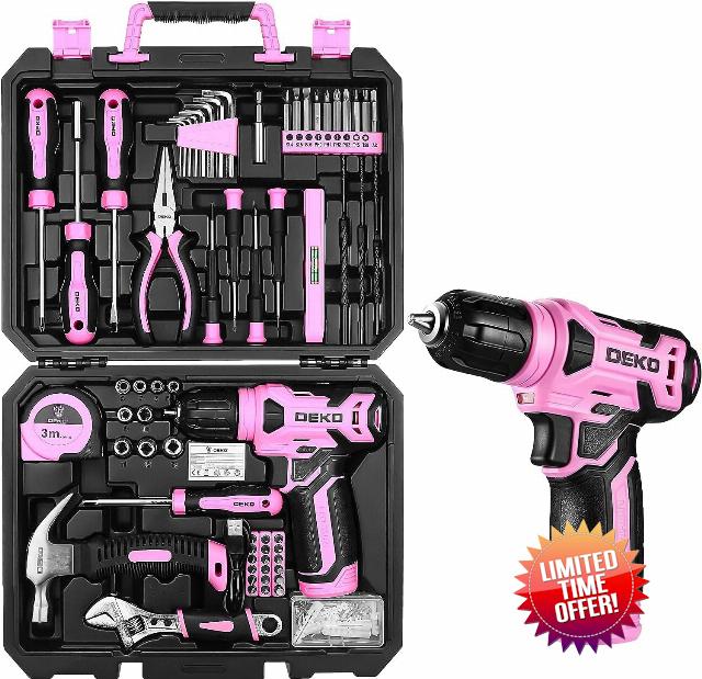 DEKO Pink Tool Kit: 126-Piece DIY Set with 8V Cordless Drill