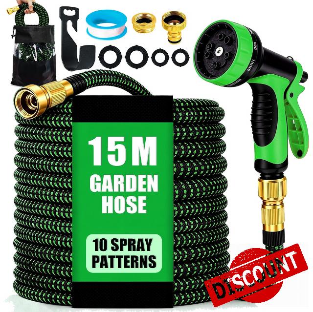 Expandable Garden Hose 50ft Flexible Water Pipe 3/4" & 1/2" Connectors                                                          10-function spray nozzle