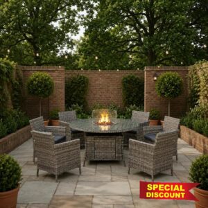 Madefor.living Round Rattan Fire Pit Dining Set - 140cm Table with 6 Chairs