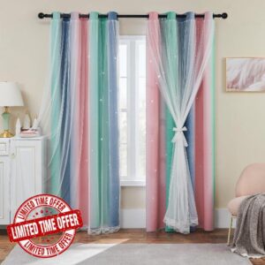 XiDi Pink Grey Green Girls Curtains for Bedroom Rainbow Blackout Short Curtains for Kitchen Cafe Window Room Darkening Kids Childs Nurser Room Wall Decor 45 inches Long 34 inches Wide 2 Panels Se