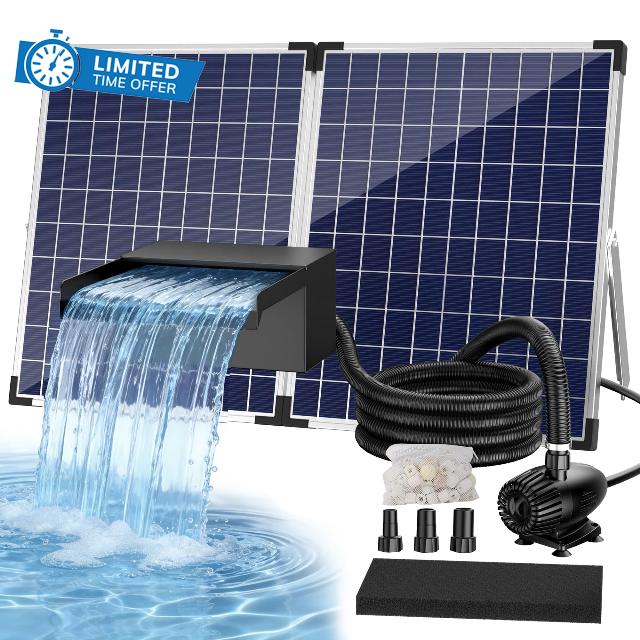 Biling 50W 2100L/h Solar Pond Waterfall with Filter for 4000L Garden Ponds | 20cm Stainless Steel Solar Powered Waterfall Cascade for Garden Water Features Patio Stream