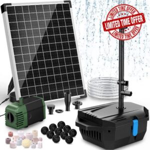 POPOSOAP 20W Solar Pond Filter & Fountain Pump Kit for Outdoor Ponds | 1050 L/h Solar Powered Pond Filtration System with 4 Nozzles & 2m Tubing