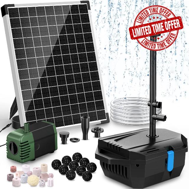 POPOSOAP 20W Solar Pond Filter & Fountain Pump Kit for Outdoor Ponds | 1050 L/h Solar Powered Pond Filtration System with 4 Nozzles & 2m Tubing