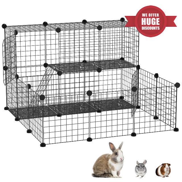 PawHut Pet Playpen with Door 24 Panels with Mallet 105 x 105 x 70 CM Black | Guinea Pig Metal Mesh Cage