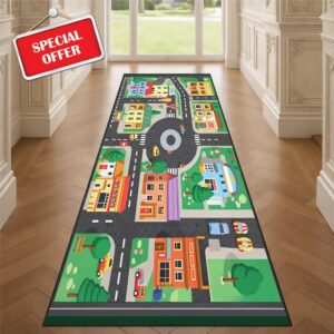 Kids Runner Rug for Entryway | Cartoon City Road Carpet Runner 60x120cm