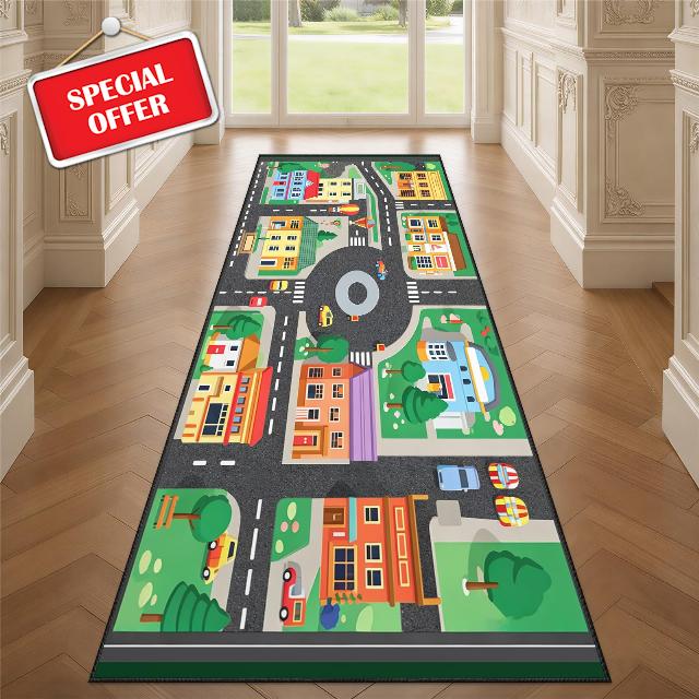 Kids Runner Rug for Entryway | Cartoon City Road Carpet Runner 60x120cm