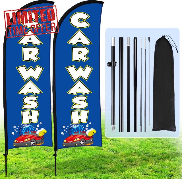 Hahafelt 2 Sets Car Wash Flag for Business Advertising 8 ft Feather Flag Sign with Flagpole Ground Stake Portable Bag Car Wash Signs Banner Set for Outdoor Events (Blue)