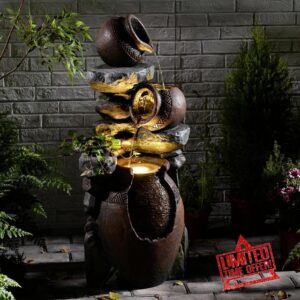 Sunlinua 3-Tier Outdoor Garden Fountain with Clay Pot Design – Stone-Effect Resin Water Feature with LED Lights for Patio