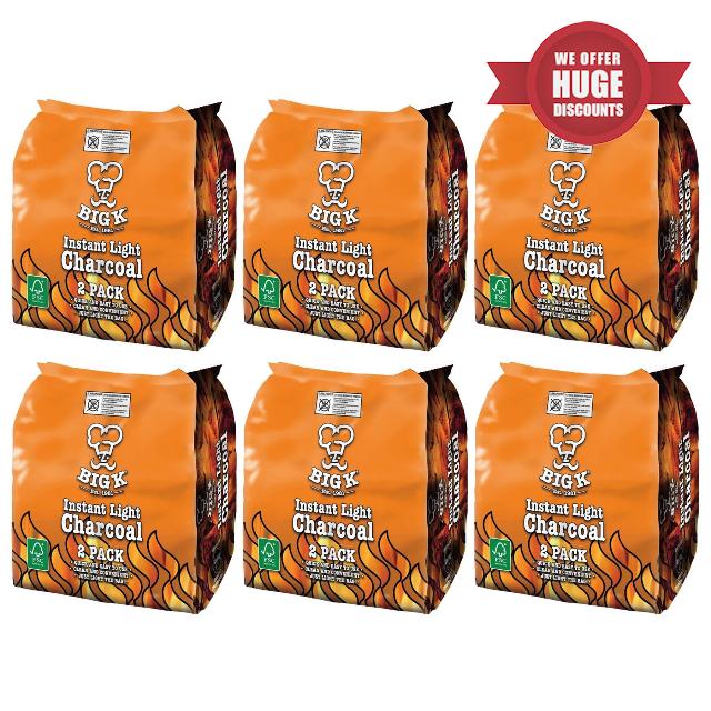 Big K Instant Light Charcoal Orange 2kg x 6 | Instant Lighting Charcoal Briquettes | 12 x 1kg Bags | Suitable for BBQs