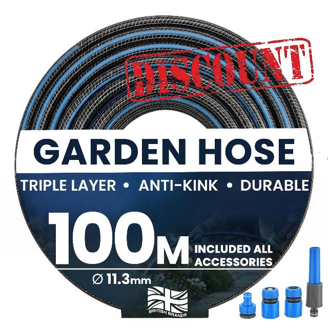 My Garden Hose Pipe 100m Triple Layer Anti-Kink Garden Hose with Connectors 11.3mm Heavy Duty Water Hose with Spray Nozzle