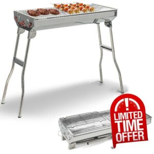 Crystals Portable Folding Charcoal BBQ Grill – Stainless Steel Barbecue Stove with Foldable Legs