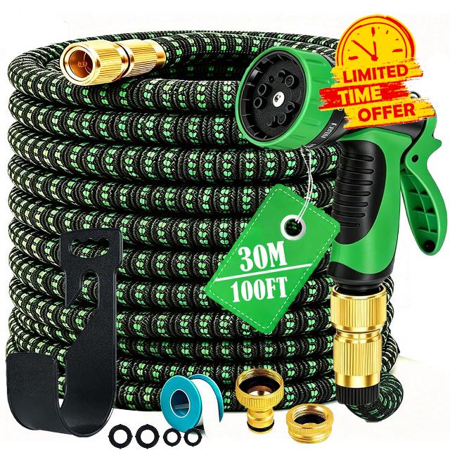 Expandable Garden Hose 100ft Flexible Water Pipe 3/4" & 1/2" Connectors                                                          10-function spray nozzle