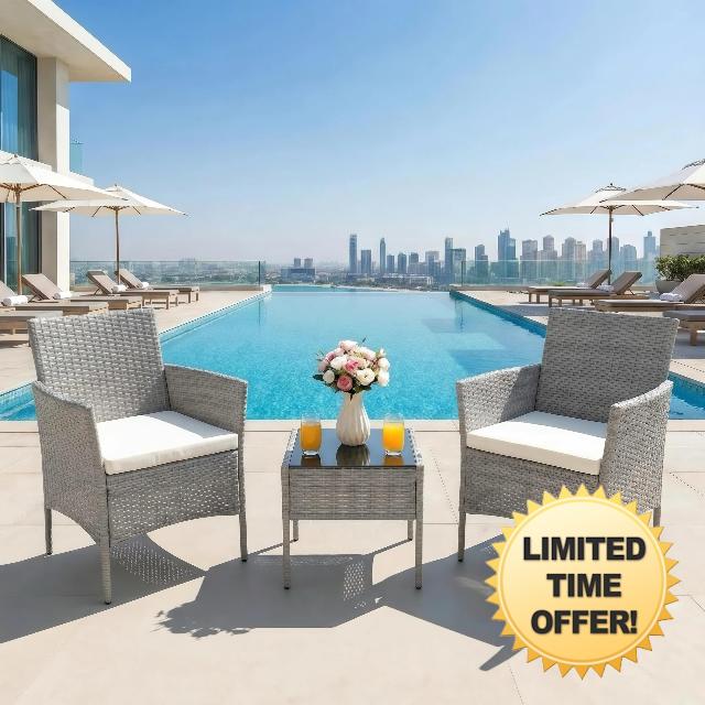 Alivio 2 Seater Outdoor Wicker Patio Chair with Cushions & Coffee Table