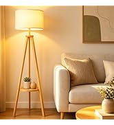 Modern shelving floor lamp with warm white illumination positioned beside brown upholstered armchair against neutral wall in contemporary interior space.