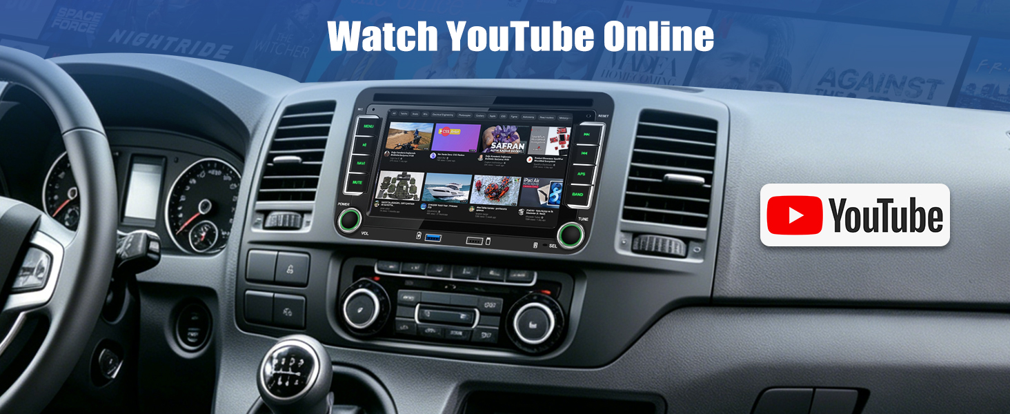Text reads 'Watch YouTube Online'. Vehicle dashboard display screen showing YouTube app interface with red YouTube logo visible.